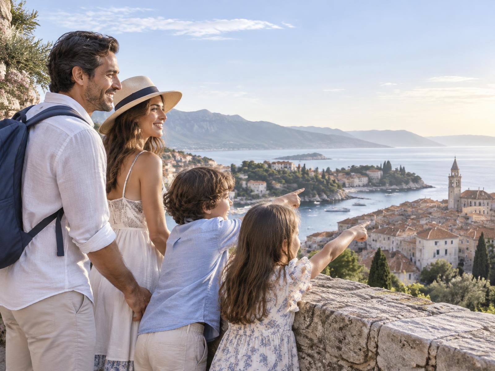 Familia descubriendo una ciudad costera durante su viaje