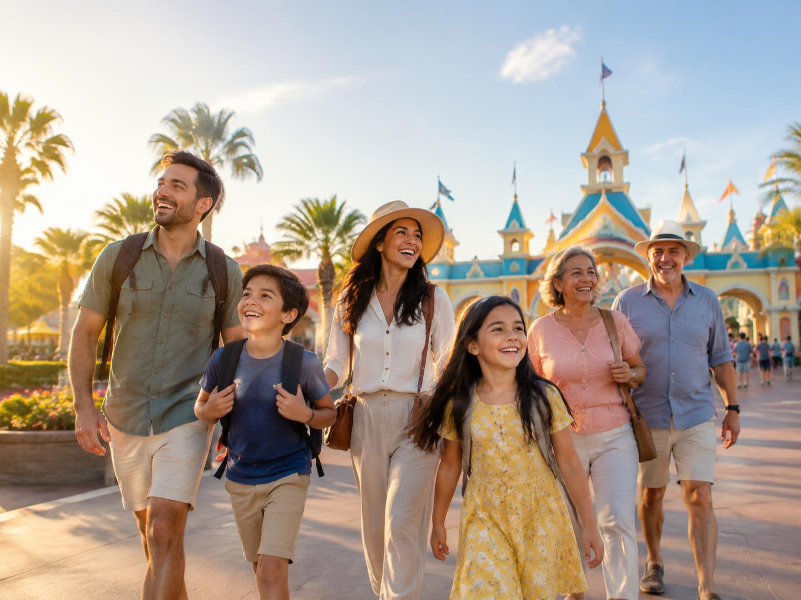 Familia compartiendo la emoción de llegar a un parque temático
